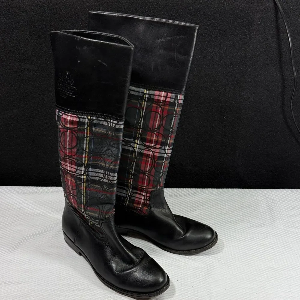 Coach Chrissi Tartan Plaid Green, Black and Red Boots Size 7